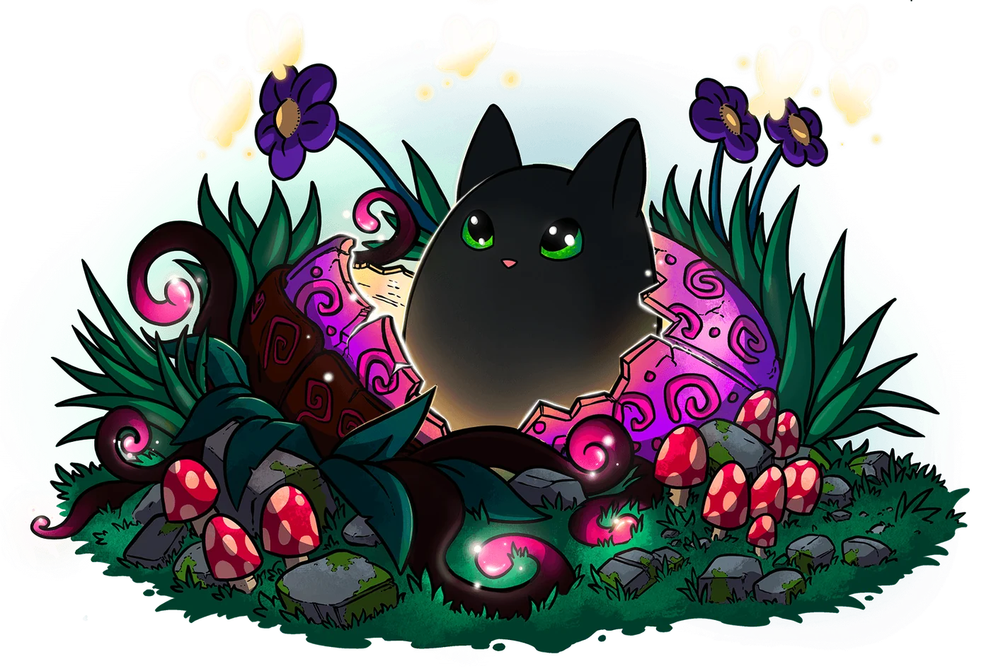 Seed Chumbi hatching from a magical egg in the enchanted forest